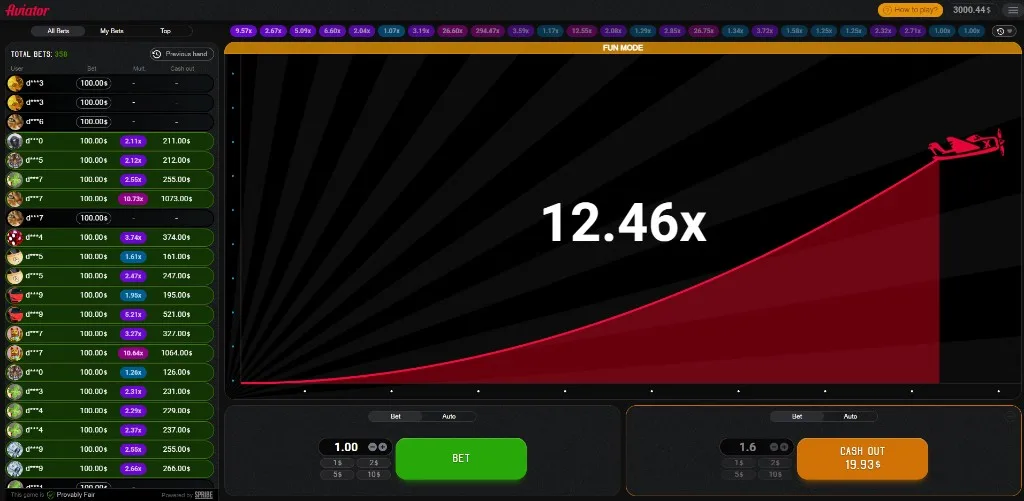 Interface do Aviator com multiplicador ao vivo, apostas e cash out